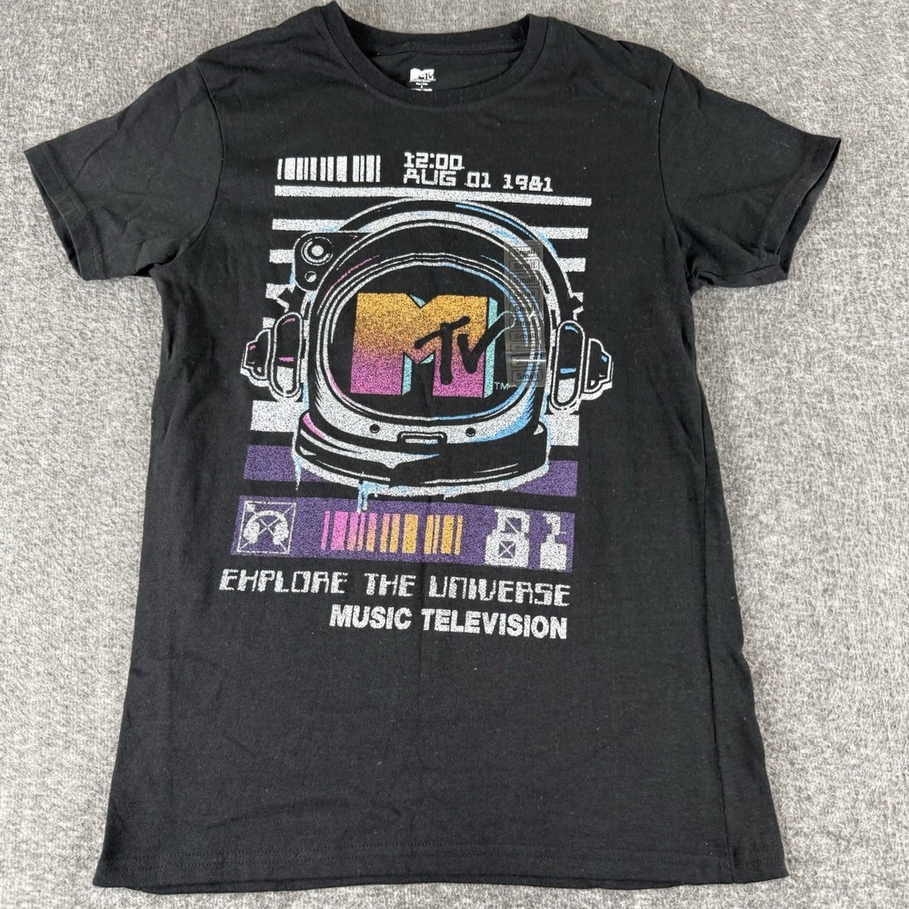 MTV Explore The Universe Astronaut Graphic T Shirt Small Black Space Logo Tee